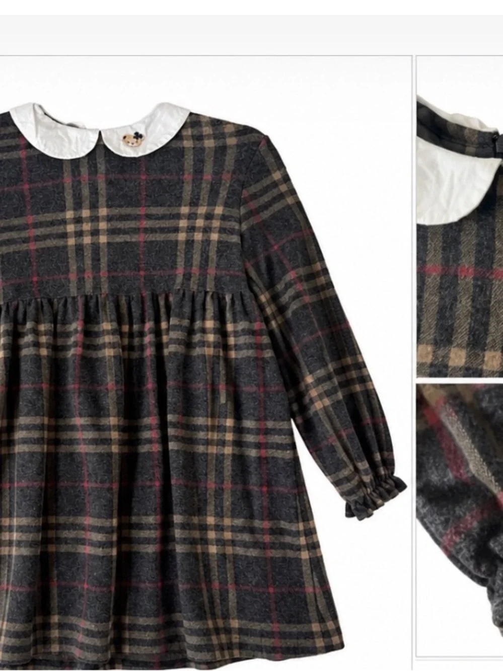 Classic Teddy Vintage  Plaid Long-Sleeve Dress w/ White Peter Pan Collar-Vintage